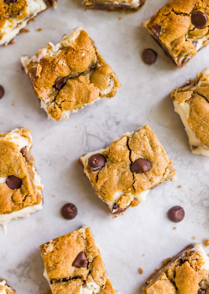 Peanut butter chocolate chip cookie bars with cheesecake filling