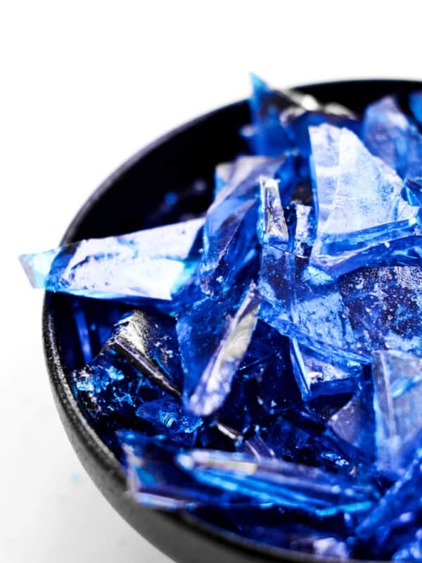 blue rock candy in a bowl