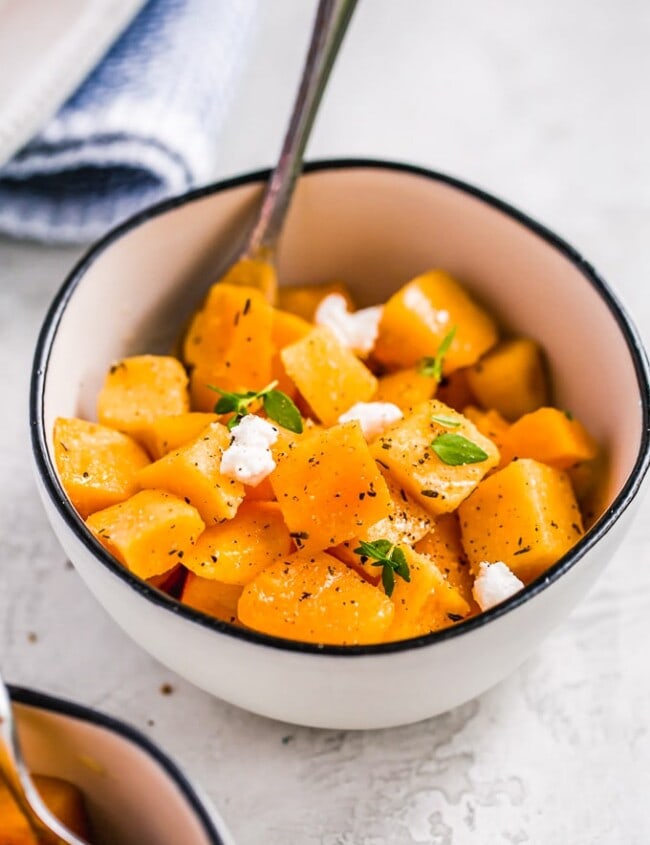 Baked Butternut Squash is such a simple side dish, but so delicious and healthy too. This maple-infused recipe is so sweet yet the broth balances it out perfectly. This maple roasted butternut squash recipe is easy to make, and you can also make a mashed version if you prefer. Pair it with your favorite main dish for dinner, or make this as the perfect Thanksgiving side dish!