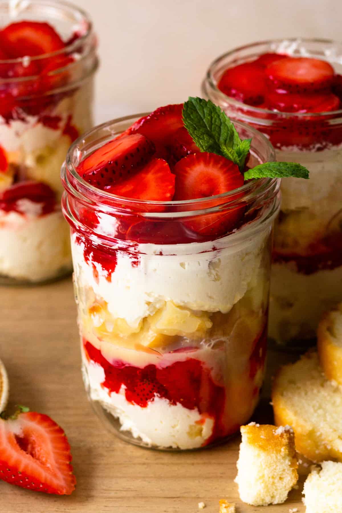 easy strawberry shortcake cup topped with fresh mint