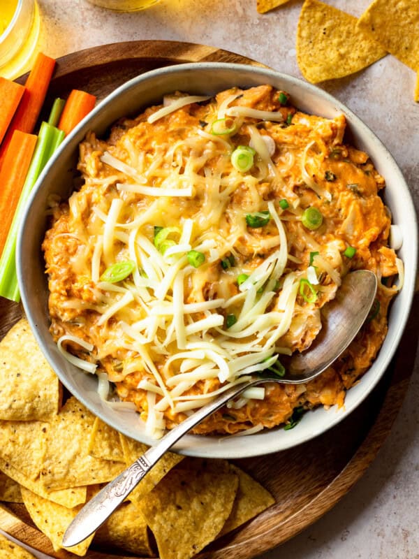 overhead bbq chicken dip with white cheese and chips