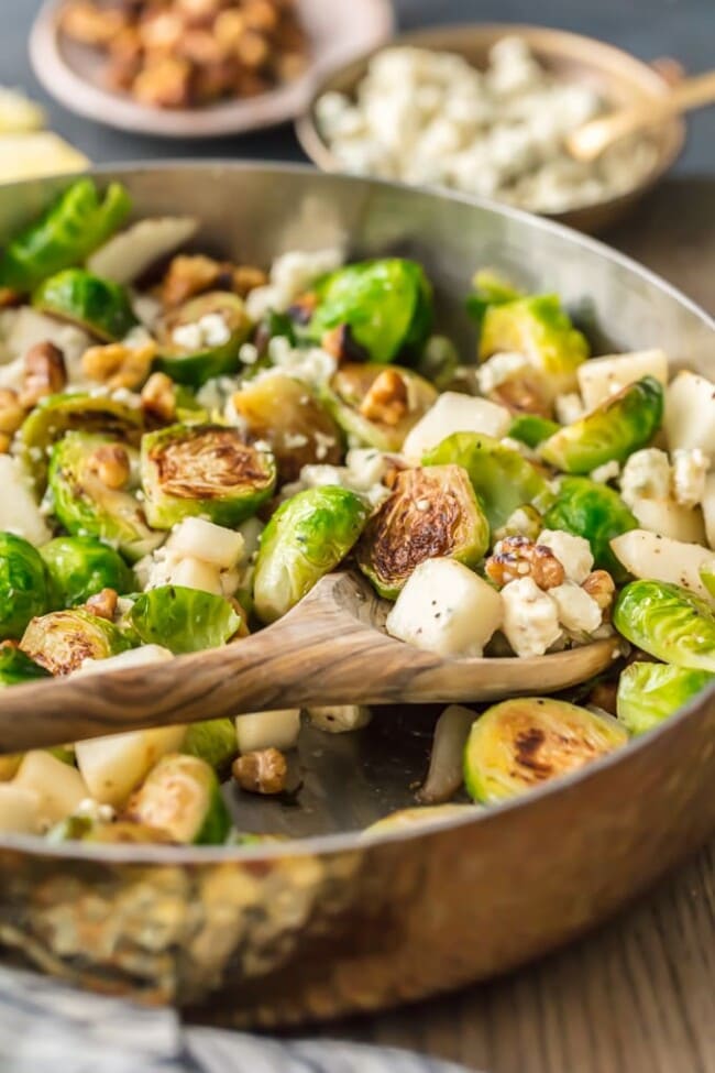 Brussels Sprouts Recipe with Pears, Blue Cheese, and Walnuts