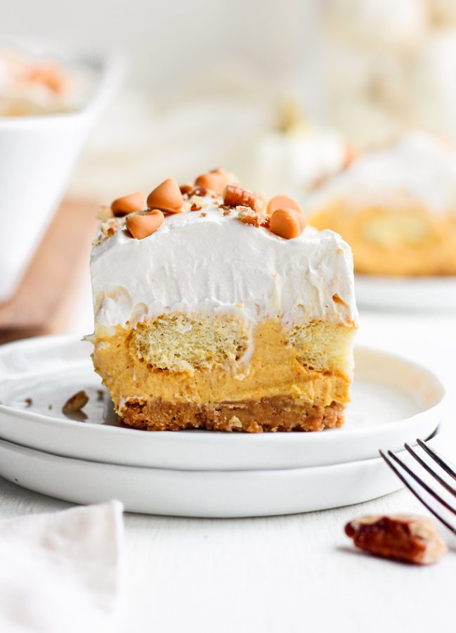 Pumpkin Pie Dessert Lasagna is a fun twist on a Thanksgiving classic! This sweet pumpkin lasagna recipe is made up of layers of pumpkin pie, whipped cream, and lady fingers. Utterly delicious! Add this easy Thanksgiving dessert recipe to your holiday table.