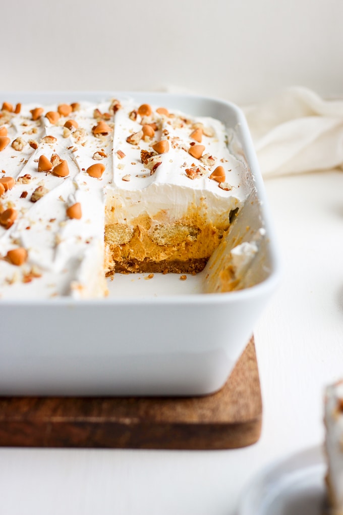 Baking dish filled with pumpkin lasagna dessert