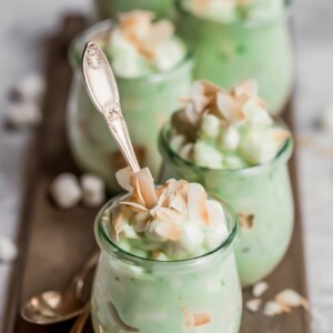 Watergate Salad is the perfect Easter side dish! Also known as Pistachio Fluff, this Watergate Salad recipe is fluffy and delicious. Grab a spoon because this classic dessert recipe has a place at every table, especially holiday tables!