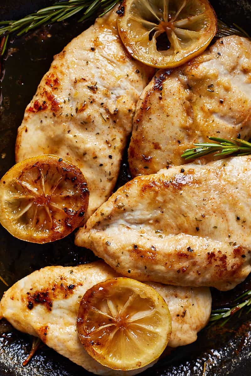 up close lemon chicken in a skillet