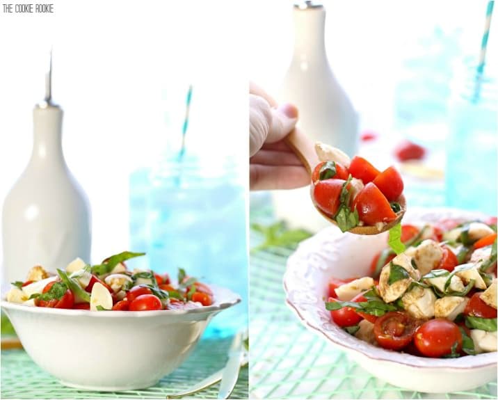 Chopped Caprese Salad is the perfect easy side dish for any BBQ! Simple, delicious, and healthy! Tomato, Mozzarella, Basil, and Balsamic Vinegar. A family favorite!