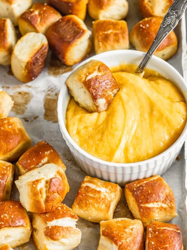 Soft Pretzel Bites on a tray with cheese