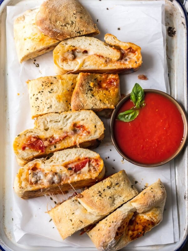 slices of stromboli with marinara sauce