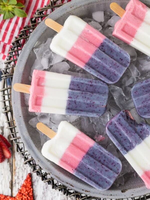 Red White and Blue Smoothie Pops on a bed of ice