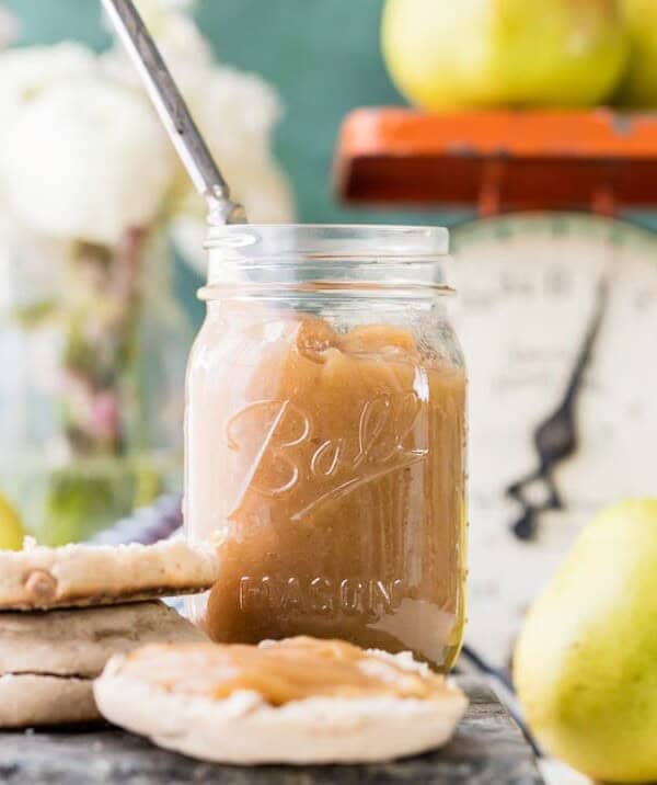 pear butter in a jar on table