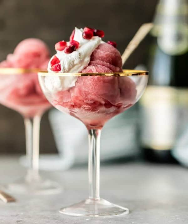 Pomegranate Champagne sorbet in glasses on a table