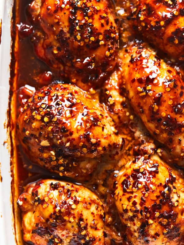 baked honey garlic chicken thighs in casserole dish