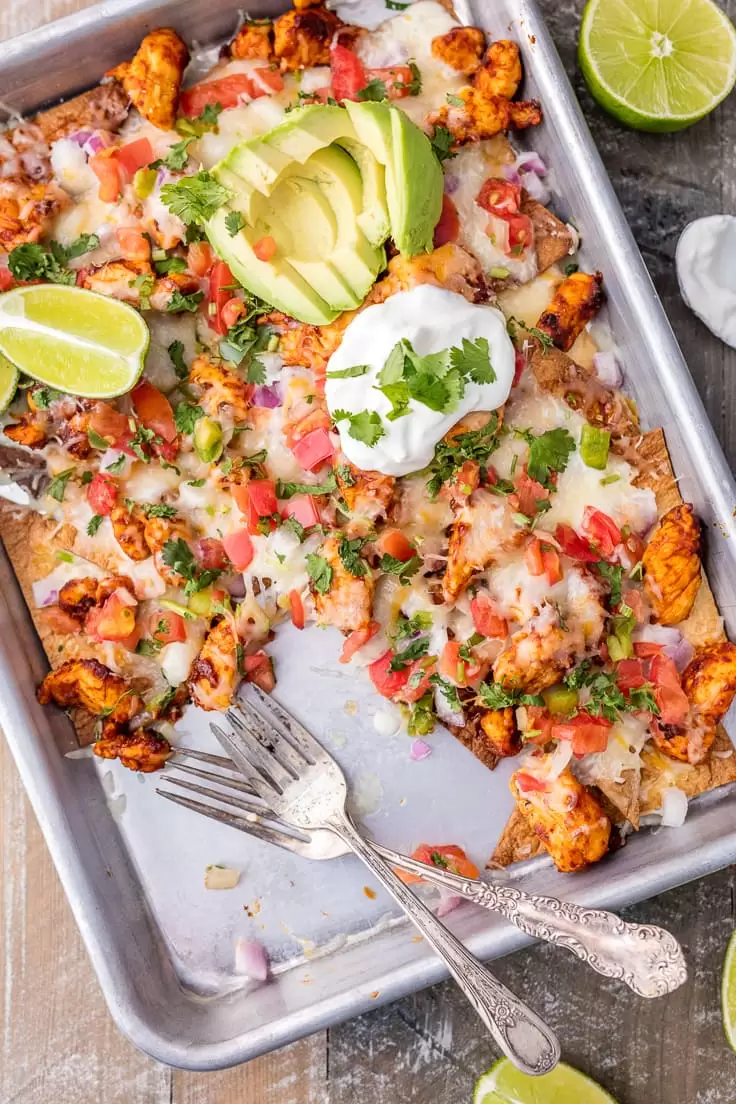 chicken nachos in a sheet pan