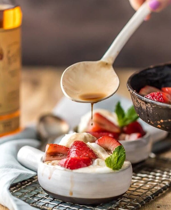 Forget Bananas Foster and make this SUPER EASY Strawberries Foster! Delicious, easy, and beautiful! Impress guests with Strawberries Flambe over ice cream! The best dessert for entertaining.