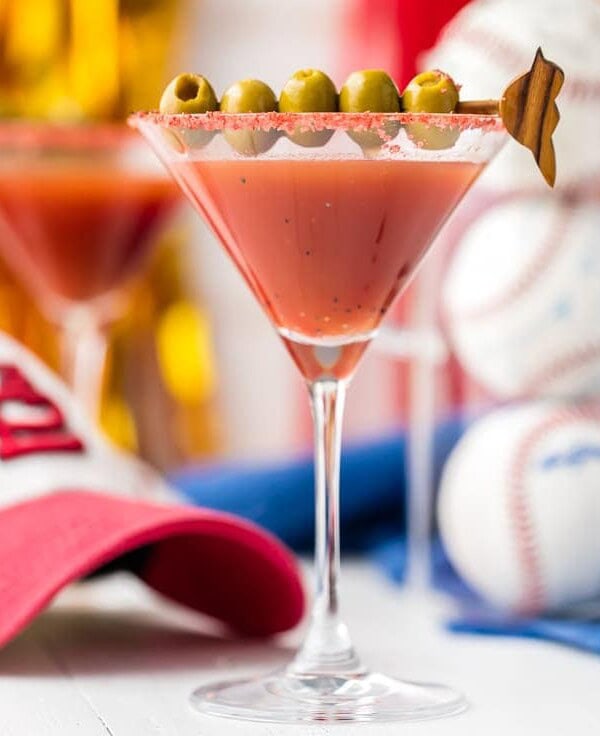 Enjoy a Dirty Redbird Martini (Cardinals Cocktail), a drink perfect for supporting the St. Louis Cardinals! Dirty Martini crossed with Bloody Mary, what could be better?