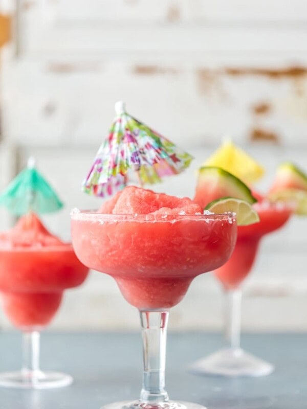 frozen watermelon margaritas with mini umbrellas