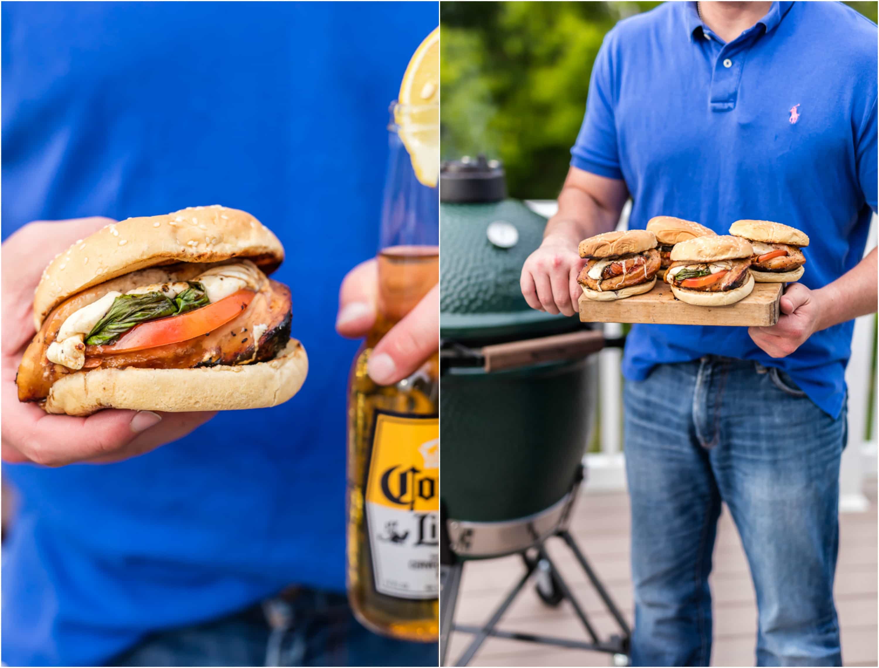 man met een houten snijplank met kipsandwiches