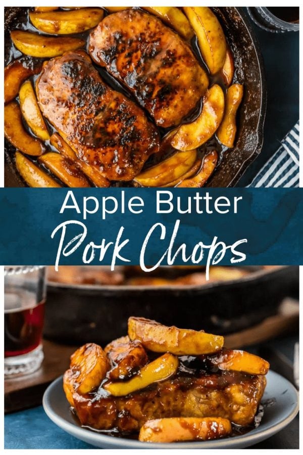 Apple Butter Pork Chops are the perfect ONE PAN recipe for fall and winter! These skillet pork chops with apples are so juicy and flavorful when cooked in the apple butter, and it's just so delicious. And as a bonus, there's only ONE SKILLET to clean!