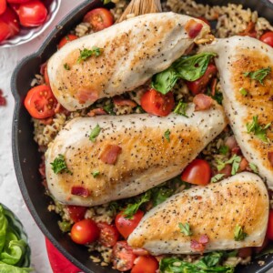 overhead shot of blt chicken breast in skillet