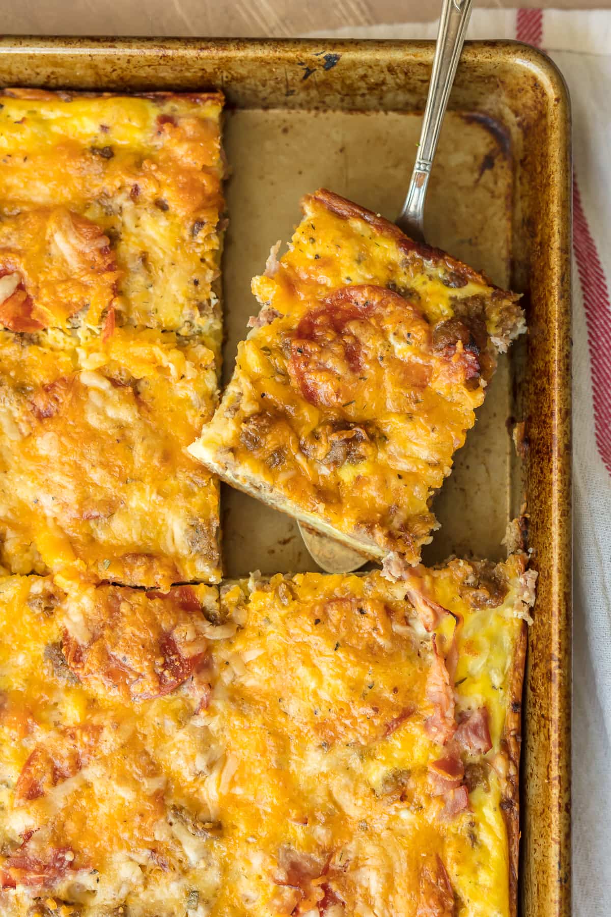 Meat Lovers Breakfast Pizza Recipe made in a sheet pan