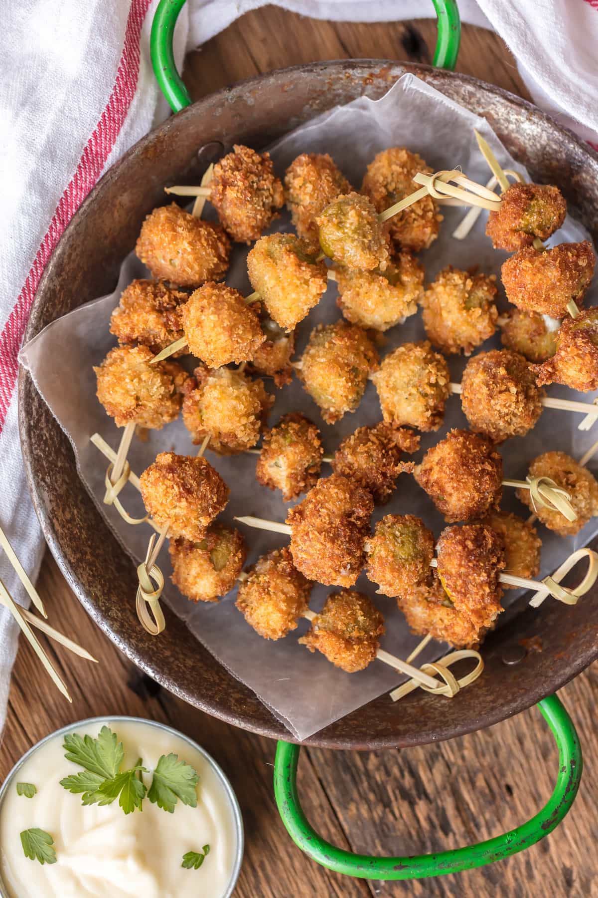 Fried Blue Cheese Stuffed Olives with Garlic Aioli The