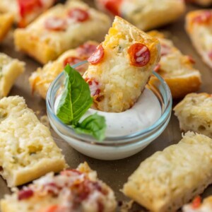 garlic butter french bread pizza bite in dip