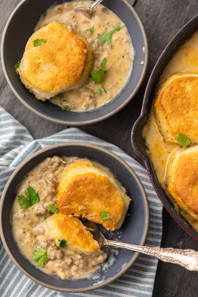 One Pan Sausage Biscuit Gravy Cobbler Recipe - The Cookie Rookie®