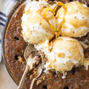 cake in a pan topped with ice cream