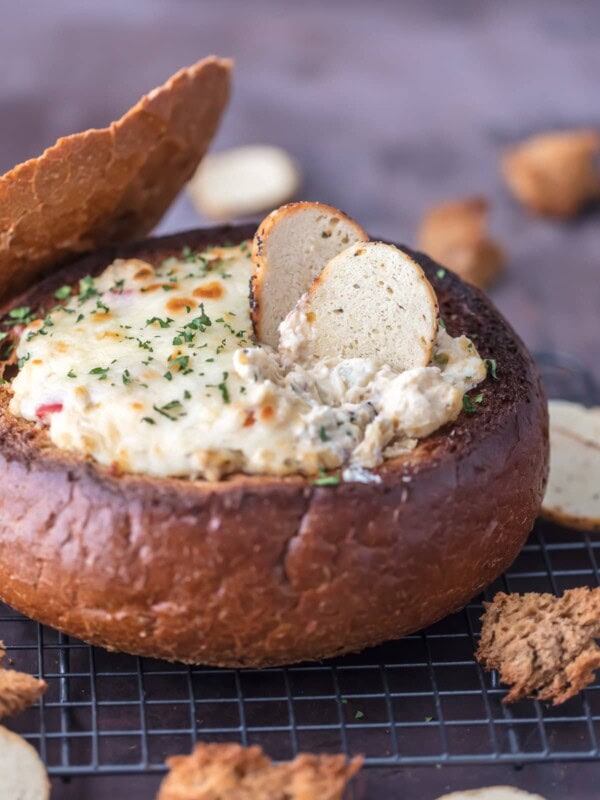 crab artichoke dip in bread bowl