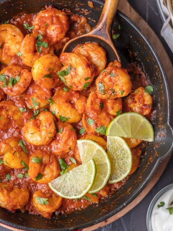 This SKILLET CHIPOTLE SHRIMP is our favorite easy shrimp recipe! Smokey, spicy, and so flavorful! This chipotle shrimp is perfect over pasta or rice for a simple and healthy dinner at home.