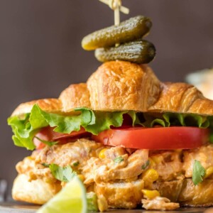 mexican chicken salad sandwich on a cutting board