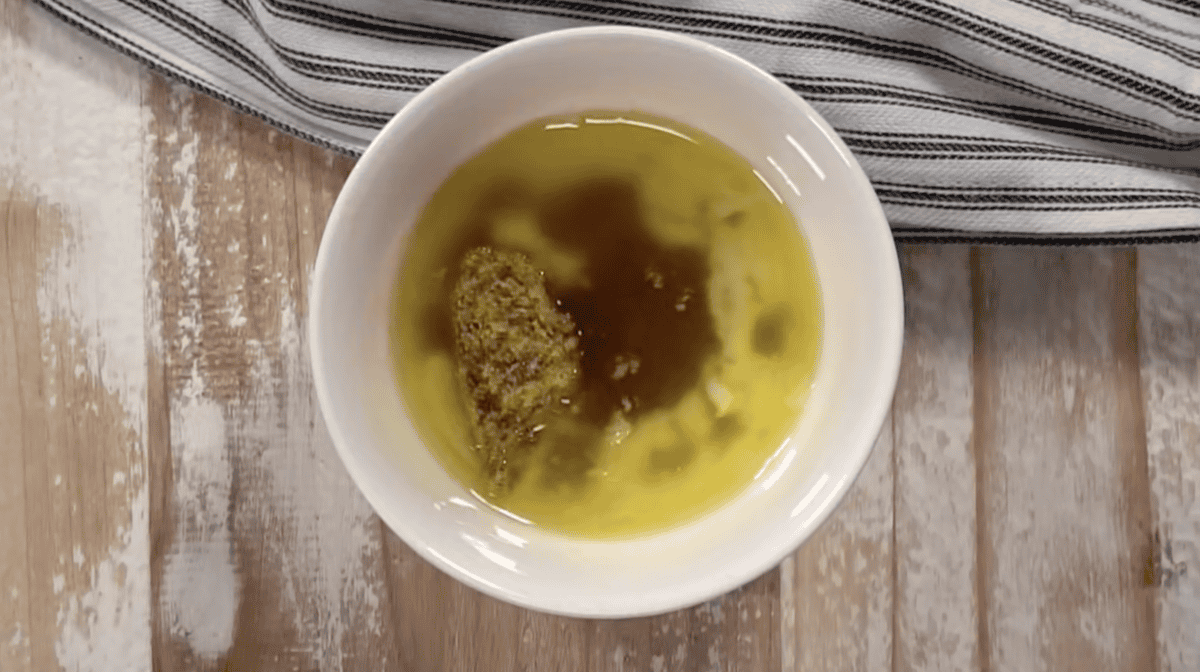 melted butter, brown sugar, and Dijon mustard in a bowl.