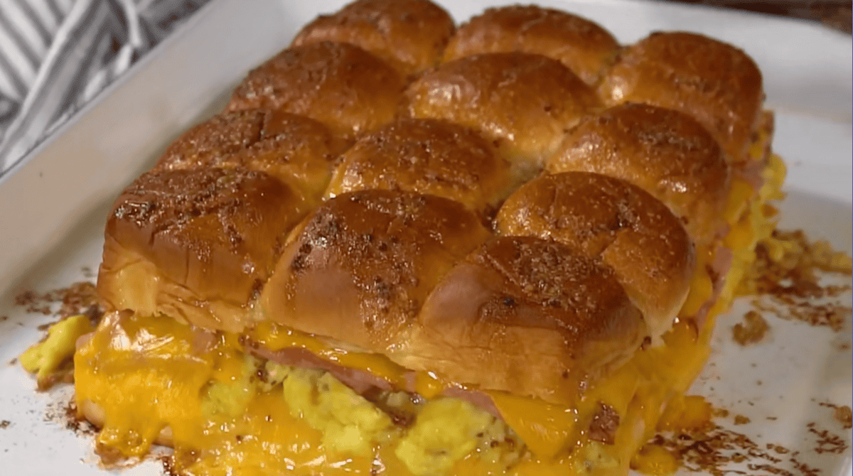 baked breakfast sliders on a baking sheet.