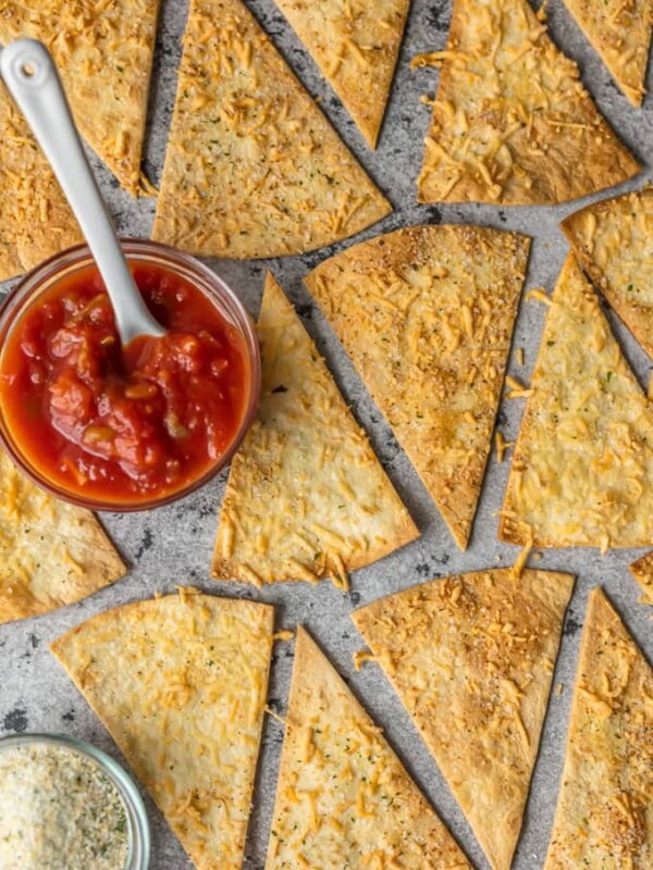 Homemade Tortilla Chips with Garlic Parmesan on a pan