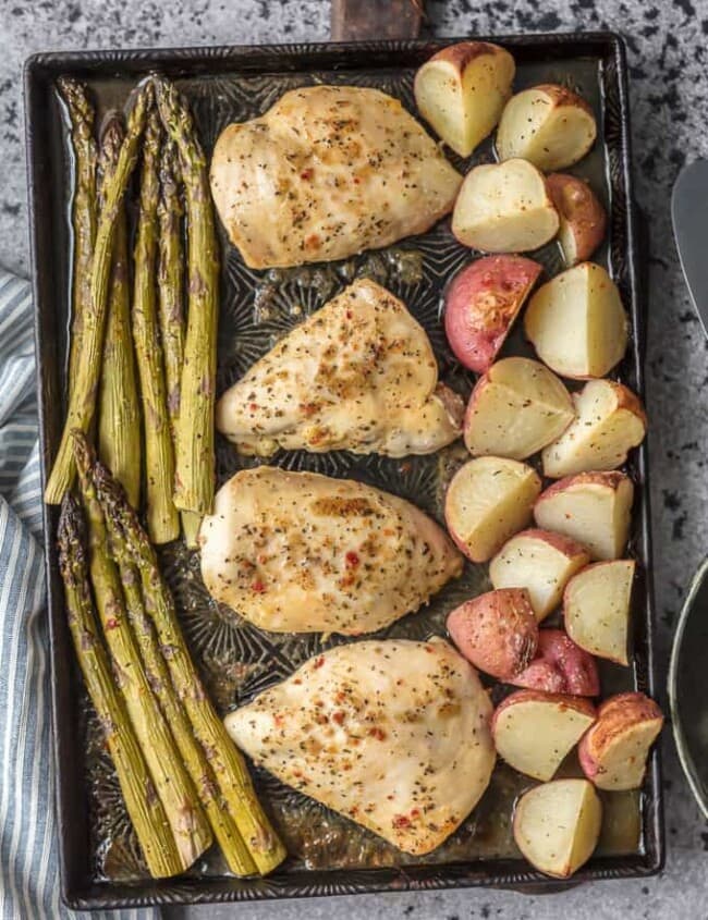 ONE PAN CHICKEN AND VEGGIES is the ultimate weeknight meal. It's an easy go-to when you need something delicious and simple. The Honey Garlic Chicken with asparagus and potatoes is a full, well-balanced meal all in one pan. And bonus, there's only one sheet pan to clean!