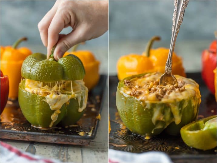 CHEESY ENCHILADA STUFFED PEPPERS are our go-to easy dinner recipe. These bell peppers are stuffed with beef, green chiles, onions, enchilada sauce, and so much cheese!