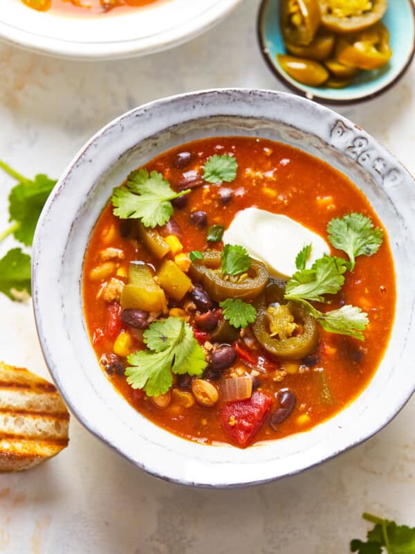 bowl of turkey chili with cilantro