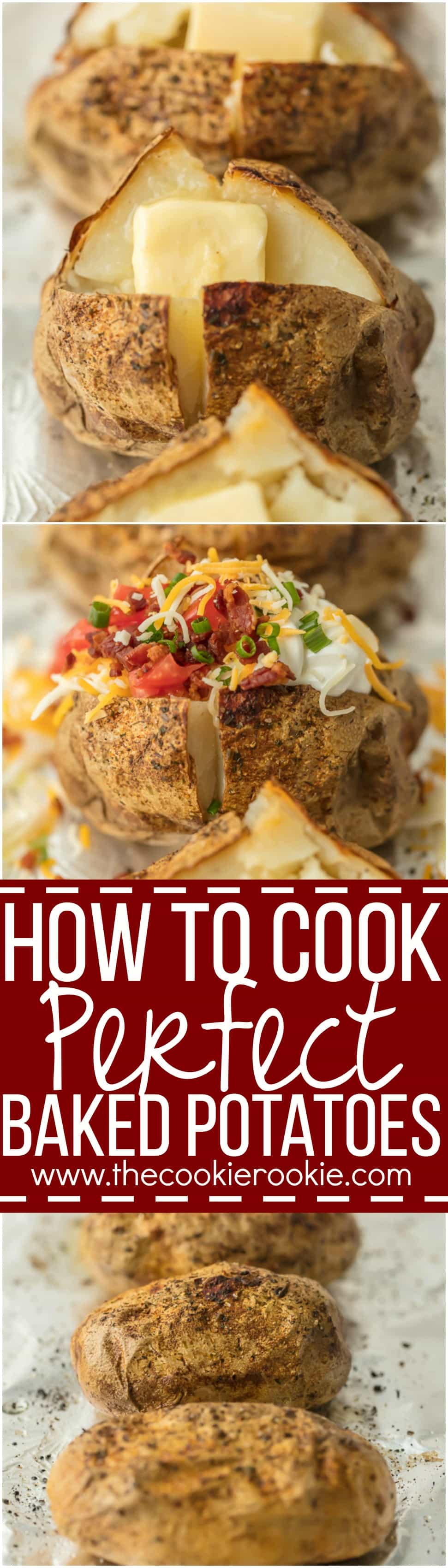 Everyone should know HOW TO COOK PERFECT BAKED POTATOES! These potatoes turn out tender, flavorful, and perfect every single time. Top with all the fixings and dig in!