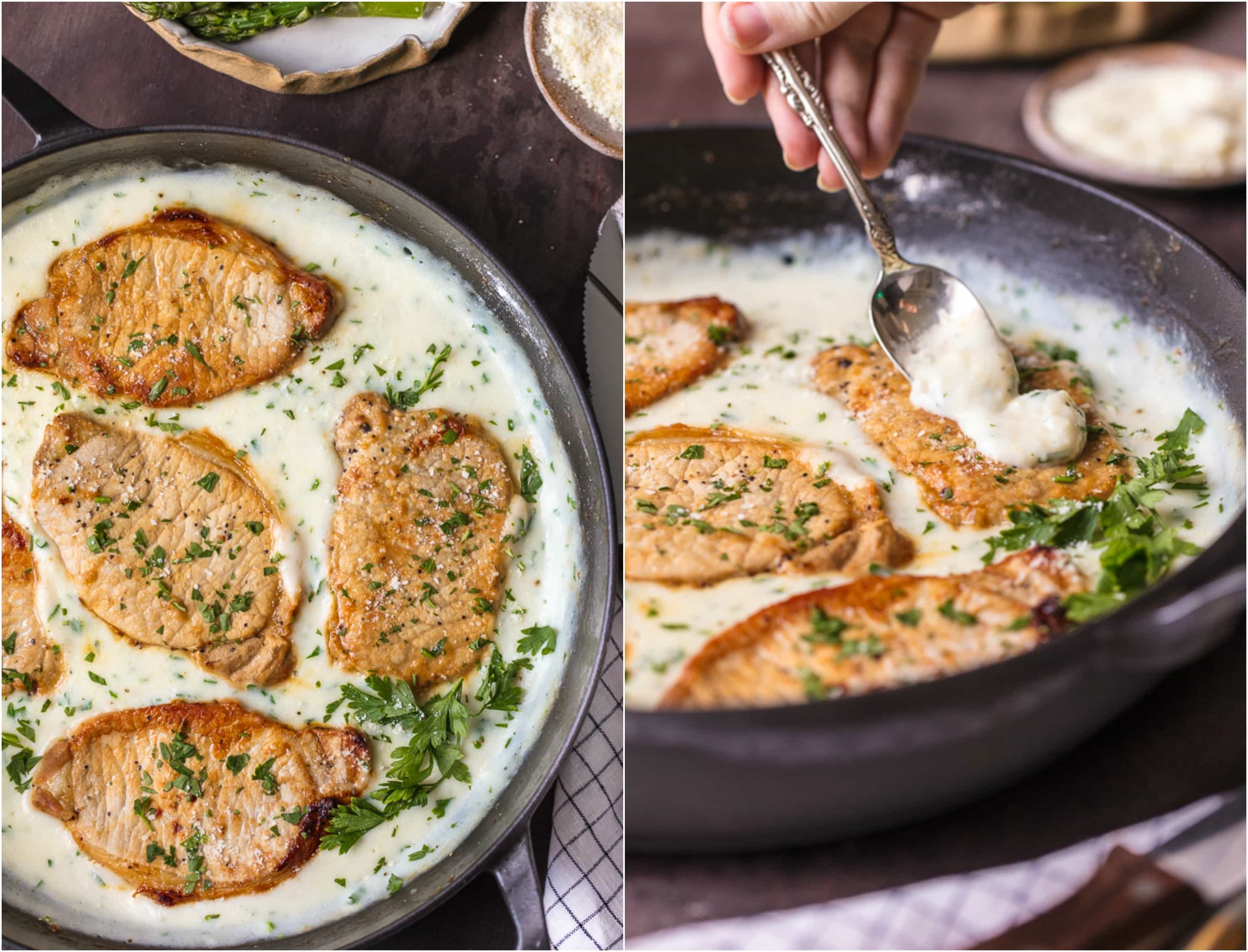 These CREAMY GARLIC PARMESAN PORK CHOPS are easy, made in ONE PAN, and so delicious. The ultimate comfort food!
