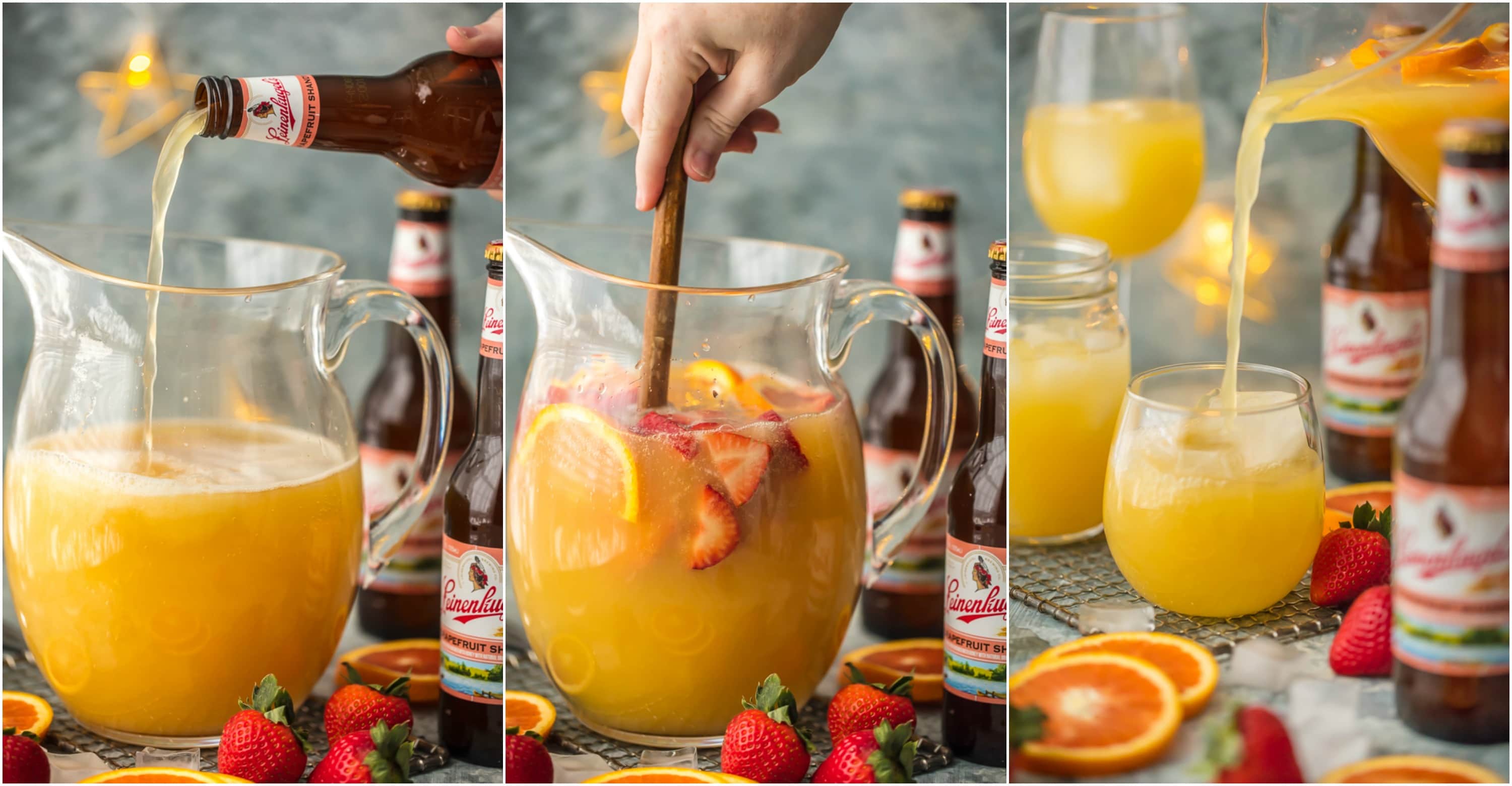 process of grapefruit beer sangria being made in pitcher