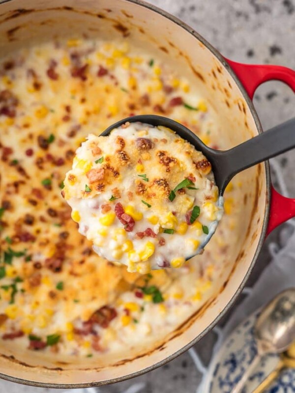 creamed Corn Recipe with Bacon, Parmesan, and Mascarpone is the Thanksgiving Corn Recipe you've been waiting for. This PARMESAN CREAMED CORN WITH BACON AND MASCARPONE is one of our favorite Thanksgiving Side Dish Recipes, but its also great for any time of year. If you're looking for a fabulous and unique gluten free Thanksgiving or Christmas recipe, this Creamed Corn with Bacon