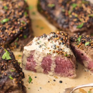 This BEST EVER SKILLET STEAK is smothered in a Peppercorn Cream Sauce fit for a king. This restaurant style steak is so easy to perfect right in your own home. The only way we cook filet mignon!