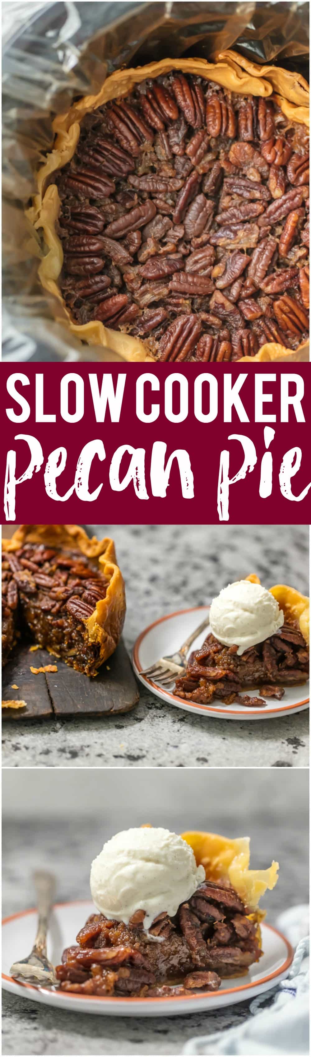 This SLOW COOKER PECAN PIE will knock your socks off and make for a delicious and easy Thanksgiving, Christmas, or Easter! We LOVE Pecan Pie and it's just as delicious made in a crockpot!