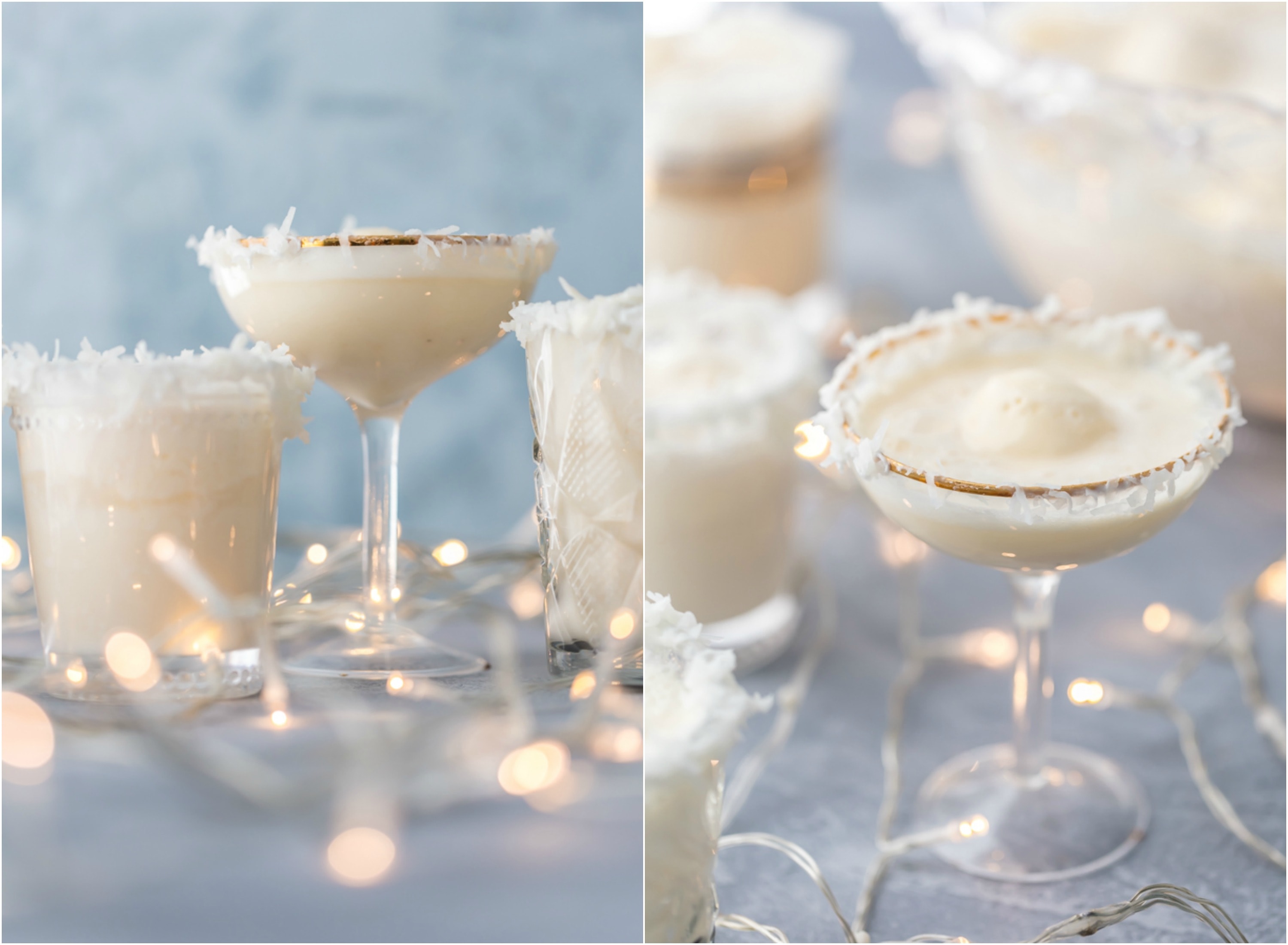 glasses of festive SNOW PUNCH Christmas mocktails. Glass rims garnished with vanilla frosting and shredded coconut