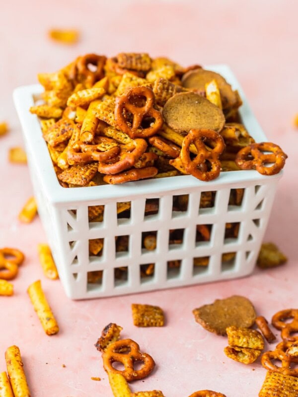 homemade gardettos in a basket on a pink table