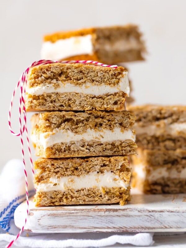 homemade oatmeal cream pie bars stacked on a plate