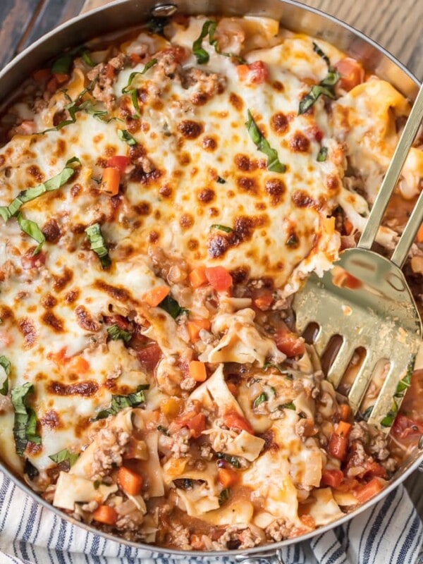 Weight Watchers Lasagna in a bowl with a spatula