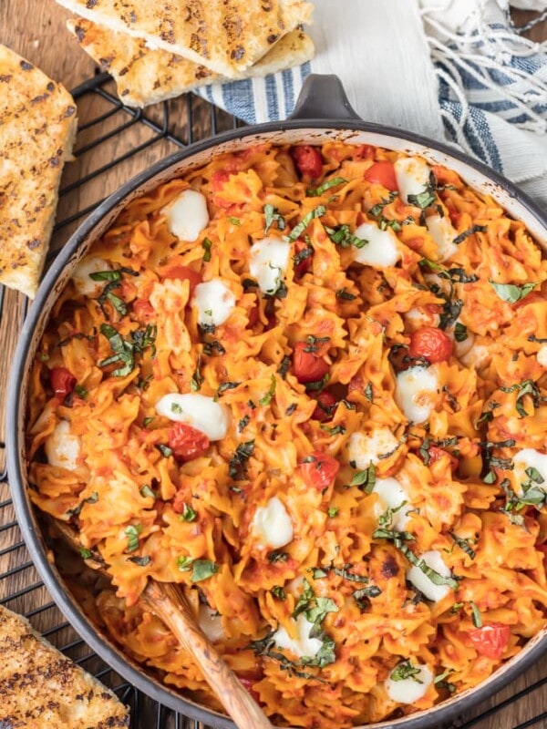 stovetop caprese pasta salad in a bowl