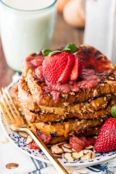 This FRENCH TOAST WITH ALMOND MILK is a great Dairy-Free French Toast recipe for those with lactose intolerance (or anyone who just prefers the flavor of almond milk). We love starting our mornings with this Crunchy Almond French Toast, and we added a delicious Roasted Strawberry Syrup! Fresh almonds along with the almond milk really adds to the overall flavor. It's unique, bursting with flavor, easy, and made with love.